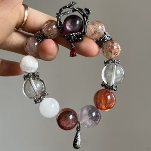 Natural crystal Five elements Energy Bracelet [Gold fire] Purple lemica black gold Super Snowflake Ghost White Ghost White Water Purple rabbit hair original design numerology jewelry handmade bracelet