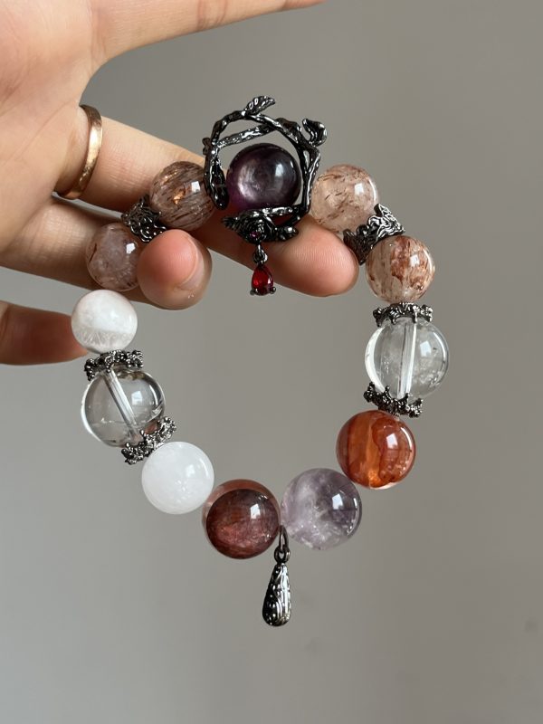 Natural crystal Five elements Energy Bracelet [Gold fire] Purple lemica black gold Super Snowflake Ghost White Ghost White Water Purple rabbit hair original design numerology jewelry handmade bracelet